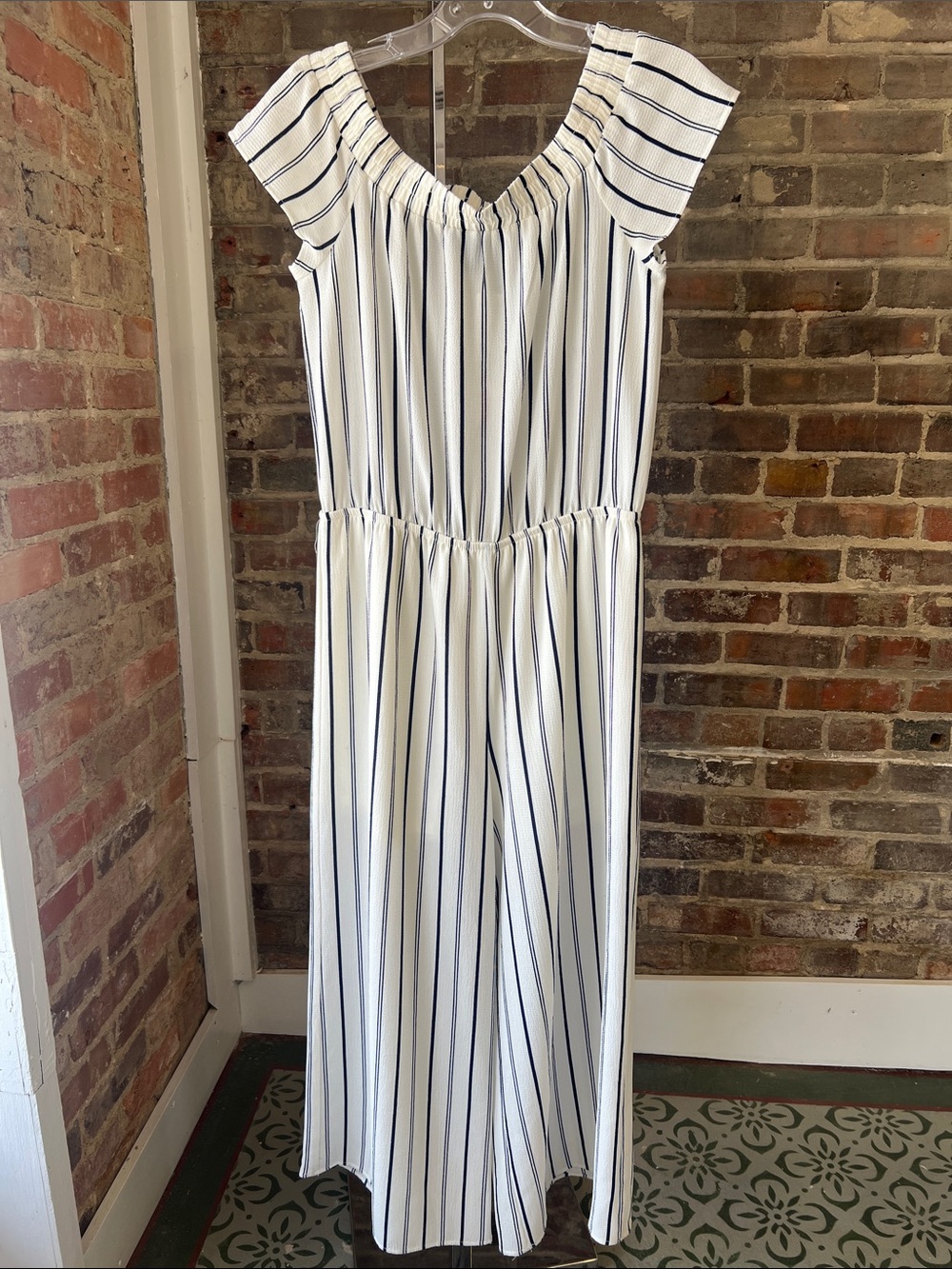 Aqua White Jumpsuit with Navy Vertical Stripes